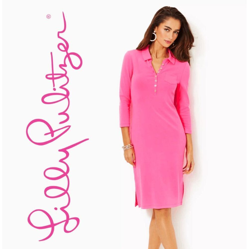💗 NWT LILLY PULITZER Reema Polo 3/4 Sleeve Pink Dress SIZE L MSRP $128